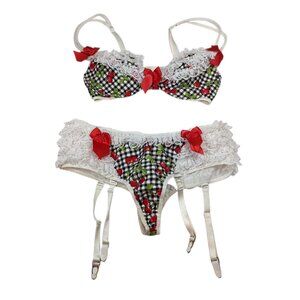 100% Babe Vintage Lingerie Set Bra Panties Garter Frilly Cherries Bows Size M